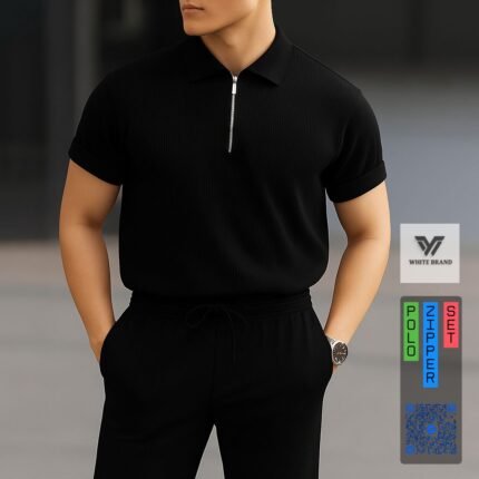 Platinum Ribbed Fabric Zipper Polo Trouser Set  (Black)