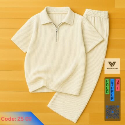 Platinum Ribbed Fabric Zipper Polo Trouser Set (Light off White)