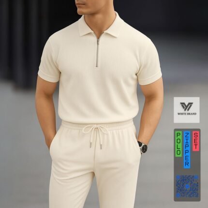 Platinum Ribbed Fabric Zipper Polo Trouser Set  (Light off White)