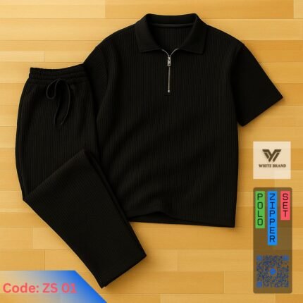 Platinum Ribbed Fabric Zipper Polo Trouser Set (Black)