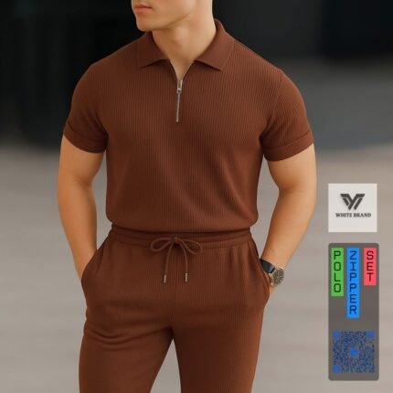 Platinum Ribbed Fabric Zipper Polo Trouser Set  (Coffee)