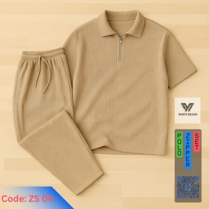 Platinum Ribbed Fabric Zipper Polo Trouser Set (Camel)
