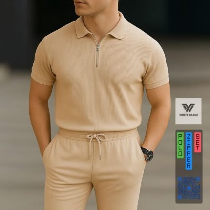Platinum Ribbed Fabric Zipper Polo Trouser Set  (Camel)
