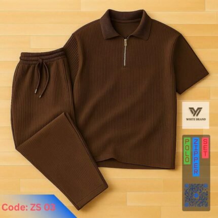 Platinum Ribbed Fabric Zipper Polo Trouser Set (Coffee)